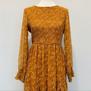 Bohme Cornelia Smocked Tired Long Sleeve Bohemian Maxi Dress in Mustard